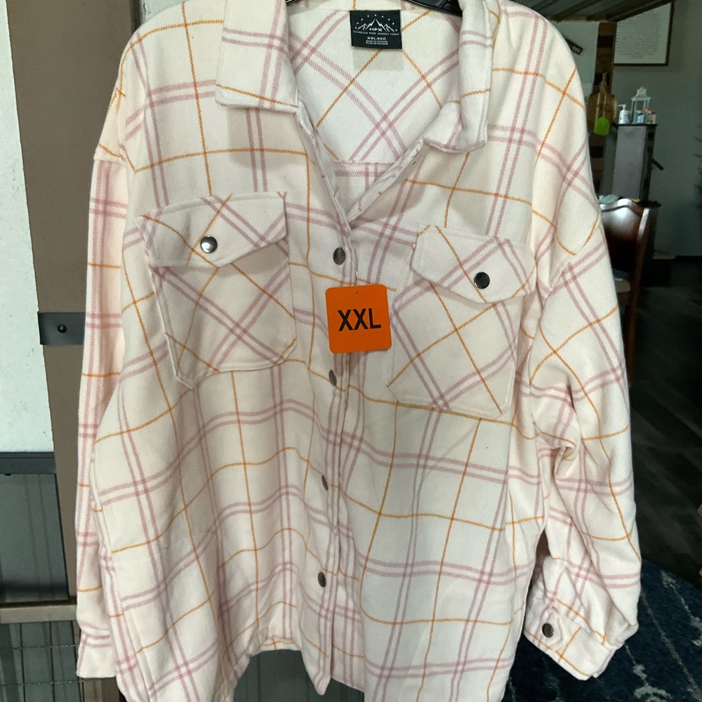 HFX XXL Cream Plaid Button-Down Shirt Jacket